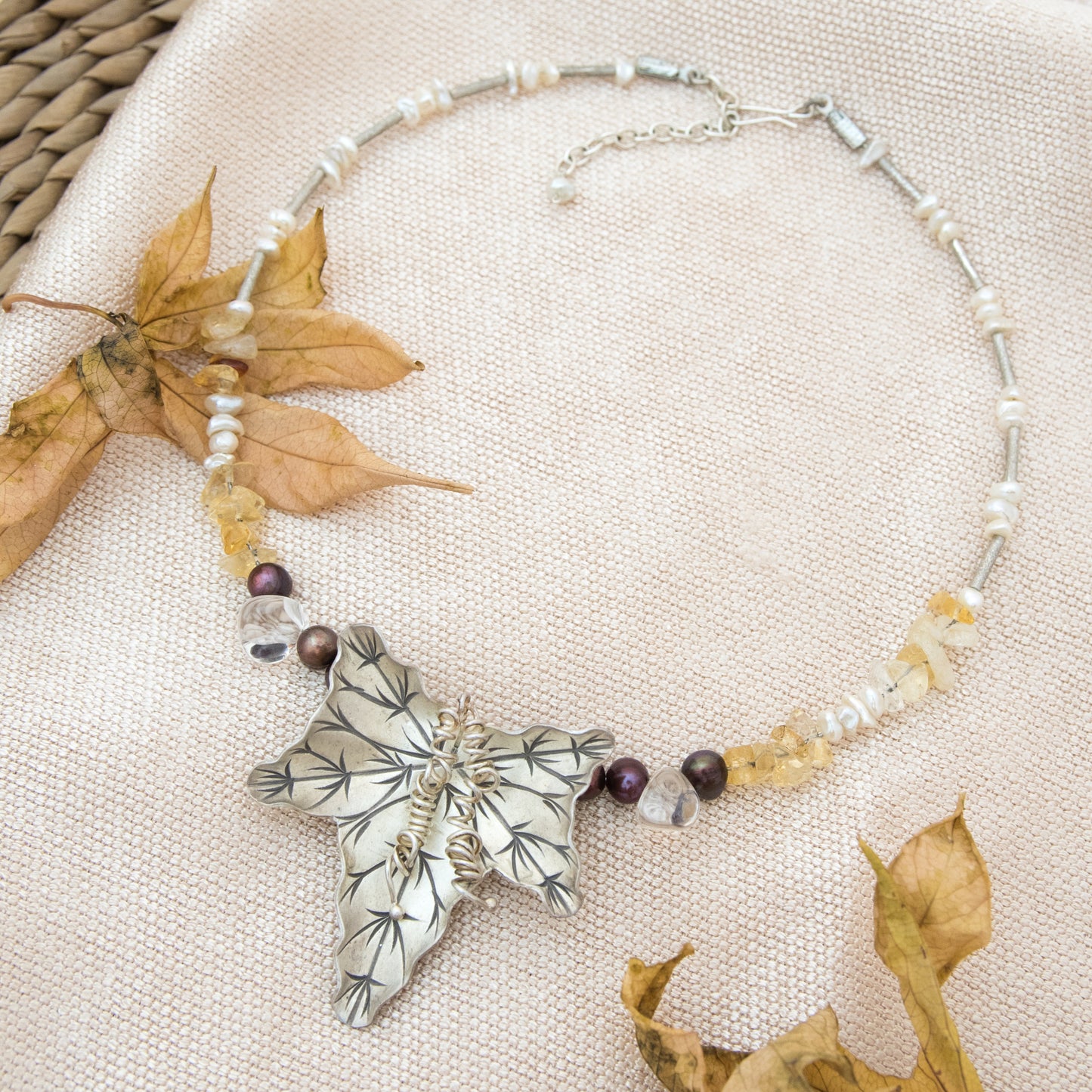 Citrine, Pearl & Silver Leaf Semi Precious Necklace