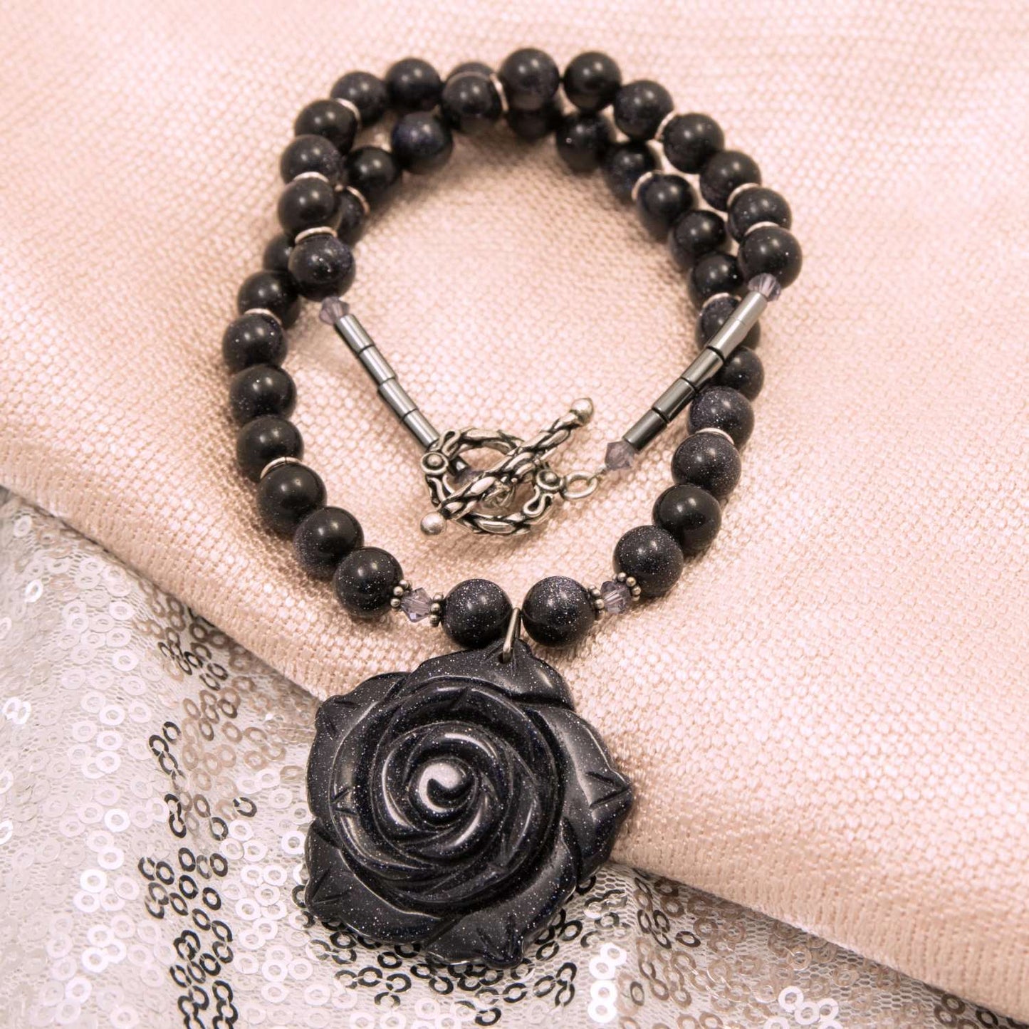 Blue Goldstone, Crystal & Hematite Semi Precious Necklace