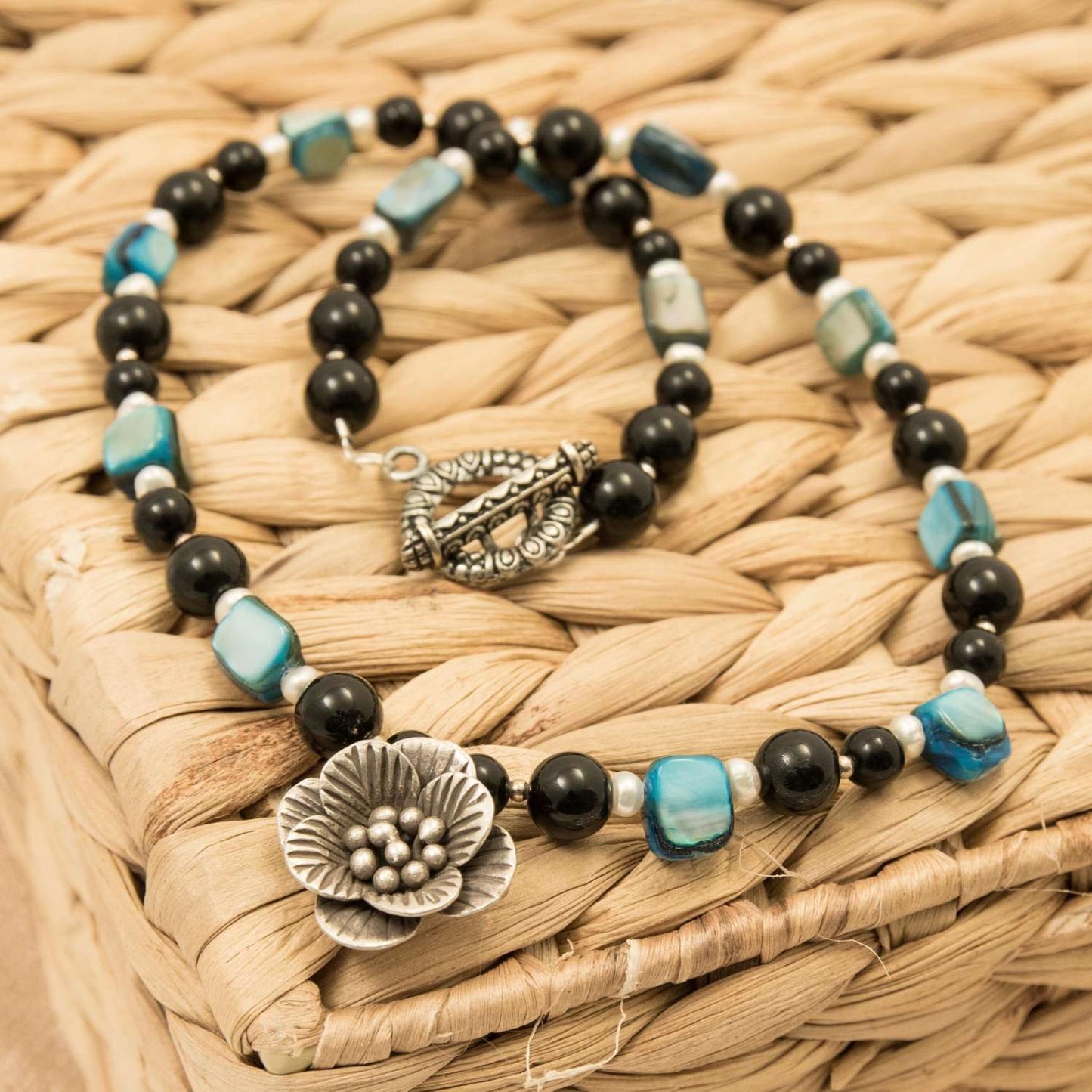 Black Onyx, Mother of Pearl & Freshwater Pearl Semi Precious Necklace