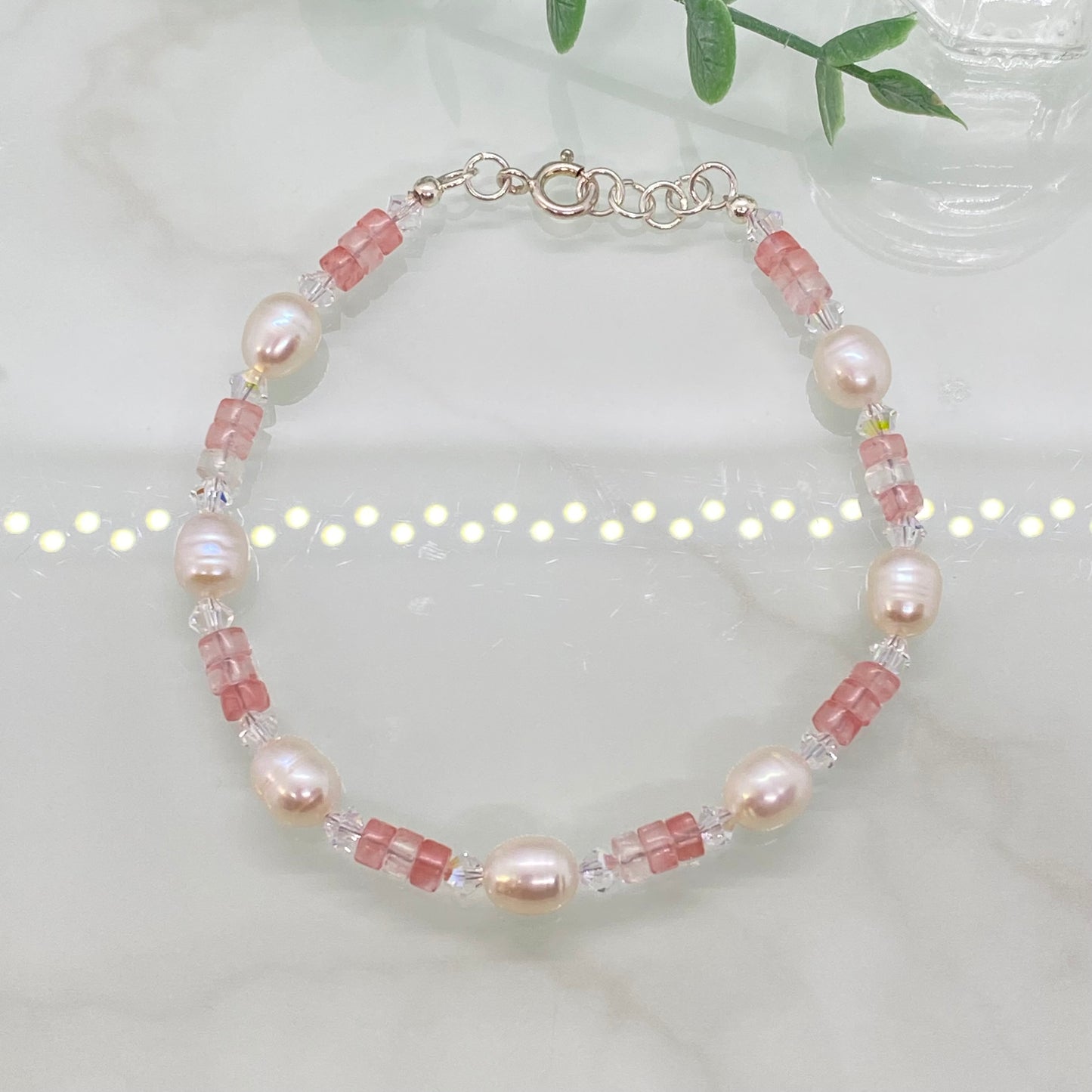 Cherry Quartz, Freshwater Pearl & Swarovski Crystal Bracelet
