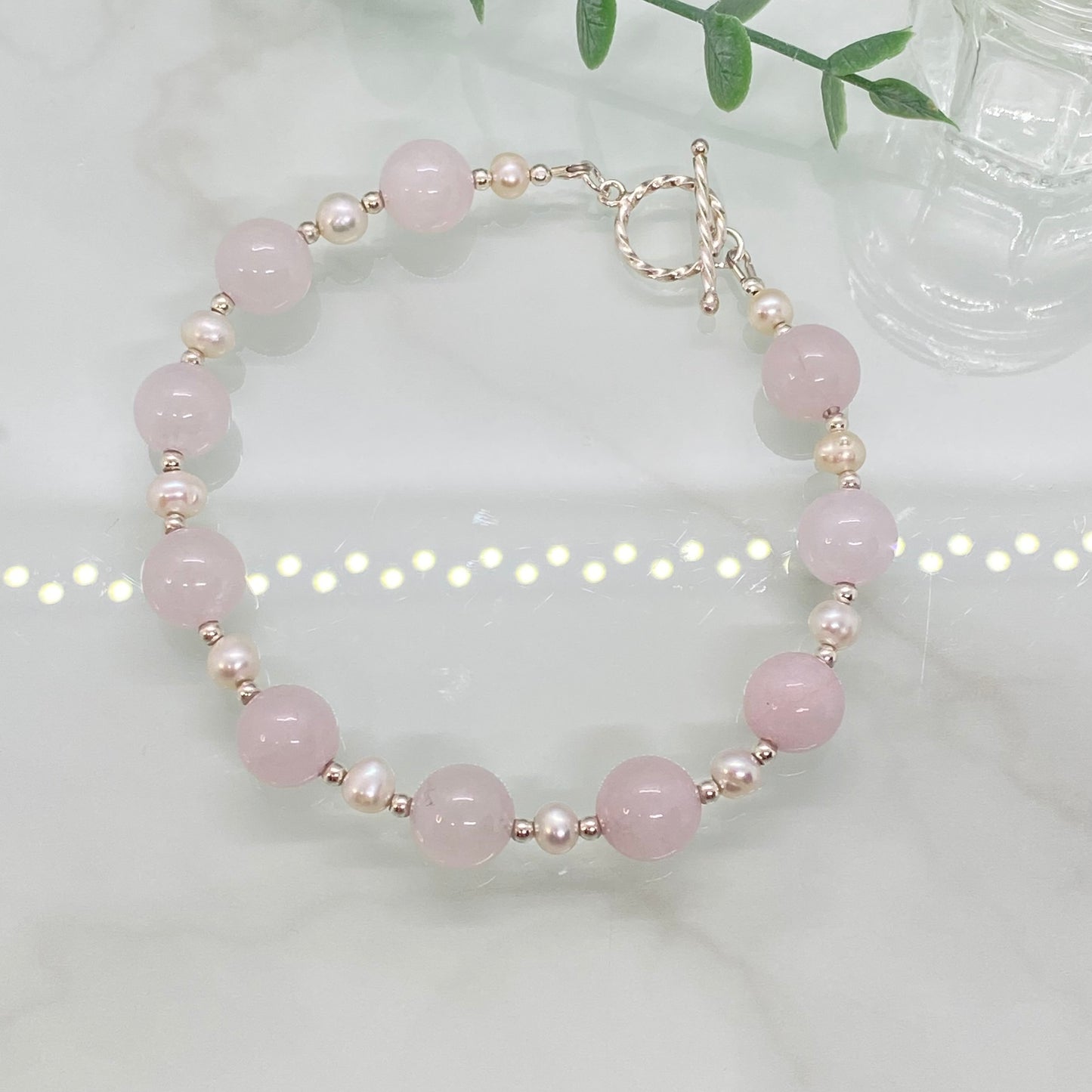Rose Quartz, Freshwater Pearl & Sterling Silver Bracelet