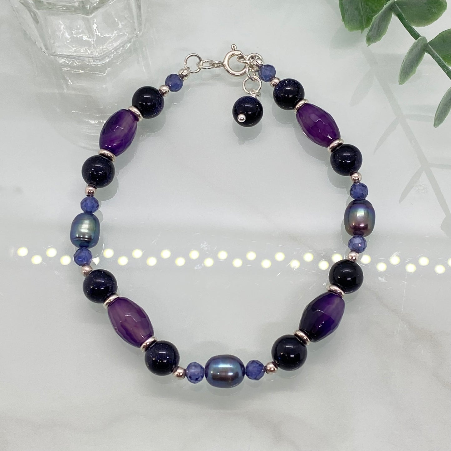 Blue Goldstone, Agate & Peacock Freshwater Pearl Bracelet