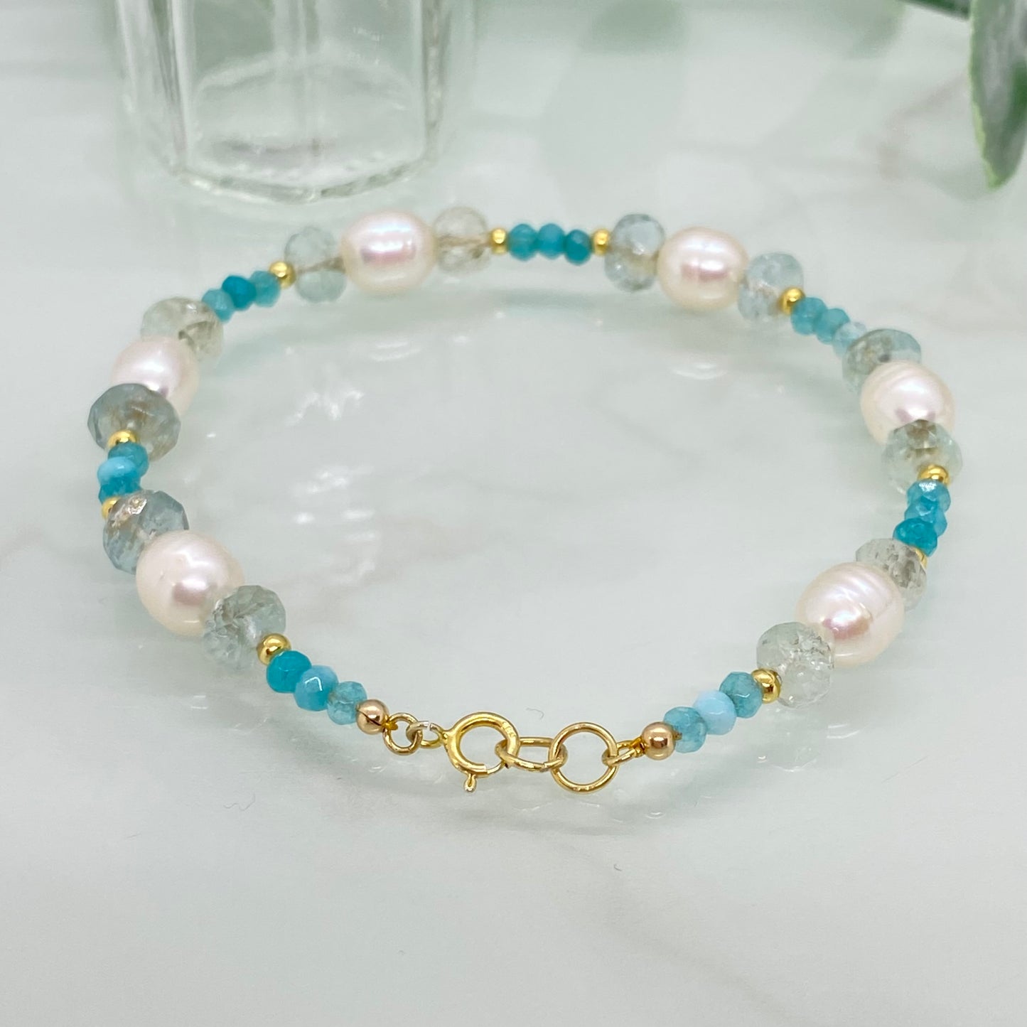 Freshwater Pearl, Aquamarine & Apatite Bracelet