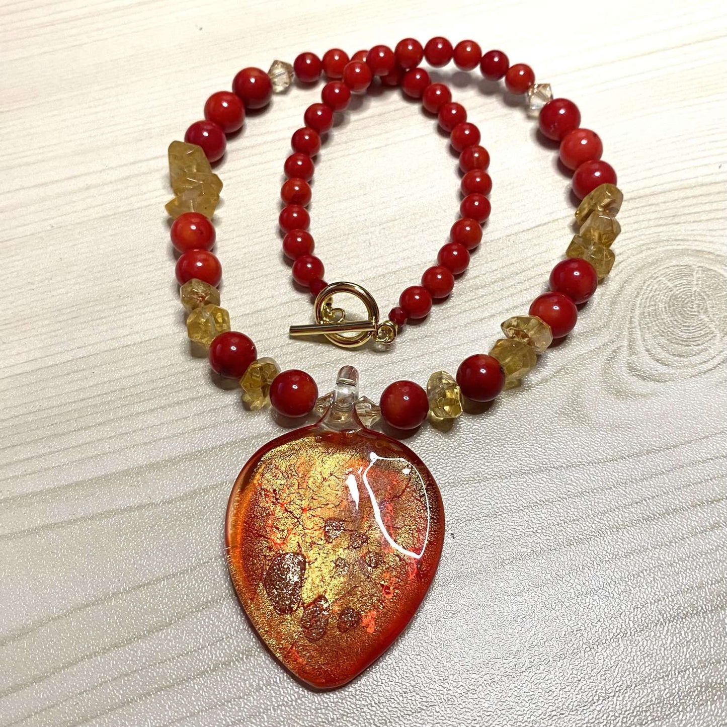 Coral, Citrine & Artisan glass Semi Precious Necklace