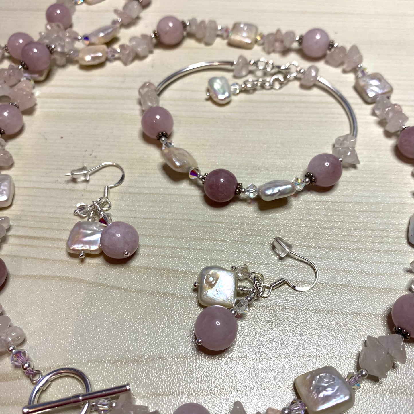 Kunzite, Rose Quartz & Pearl Semi Precious Set