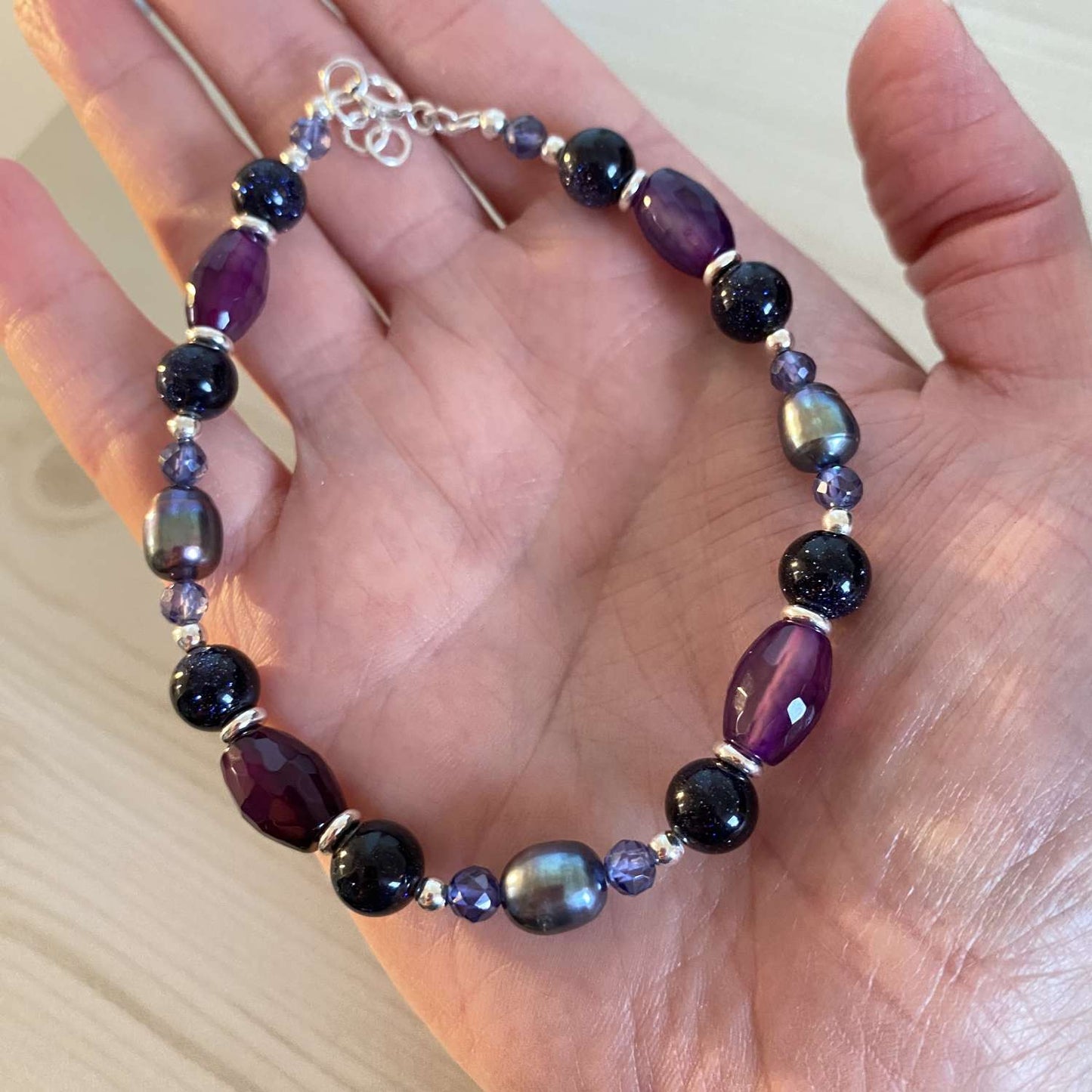 Purple Agate, Blue Goldstone & Silver Bracelet