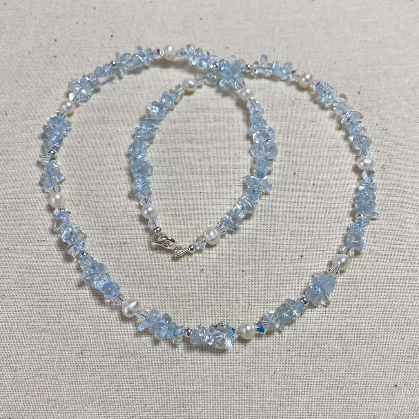 Aquamarine, Swarovski Crystal, Pearl and Sterling Silver Necklace