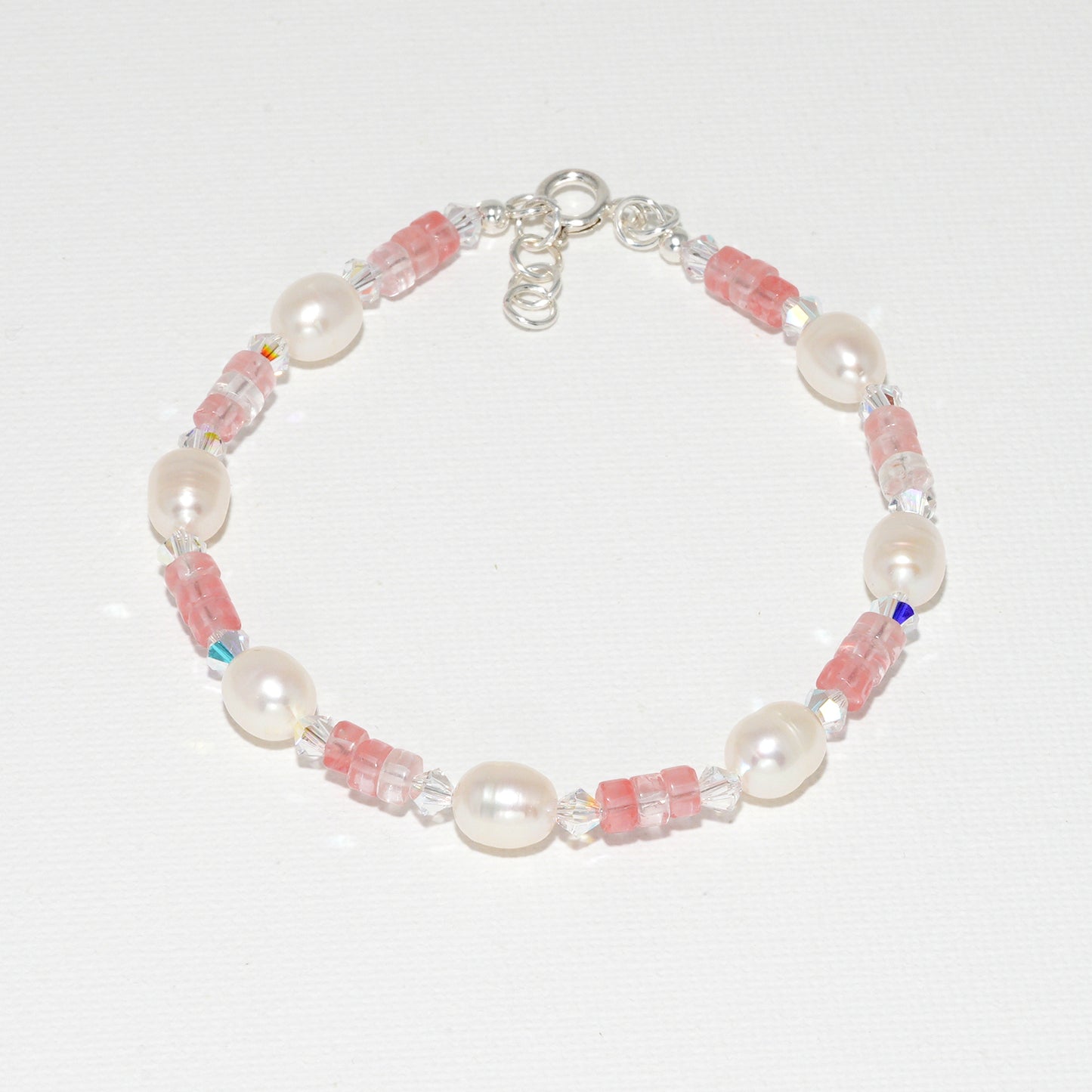 Cherry Quartz, Freshwater Pearl & Swarovski Crystal Bracelet
