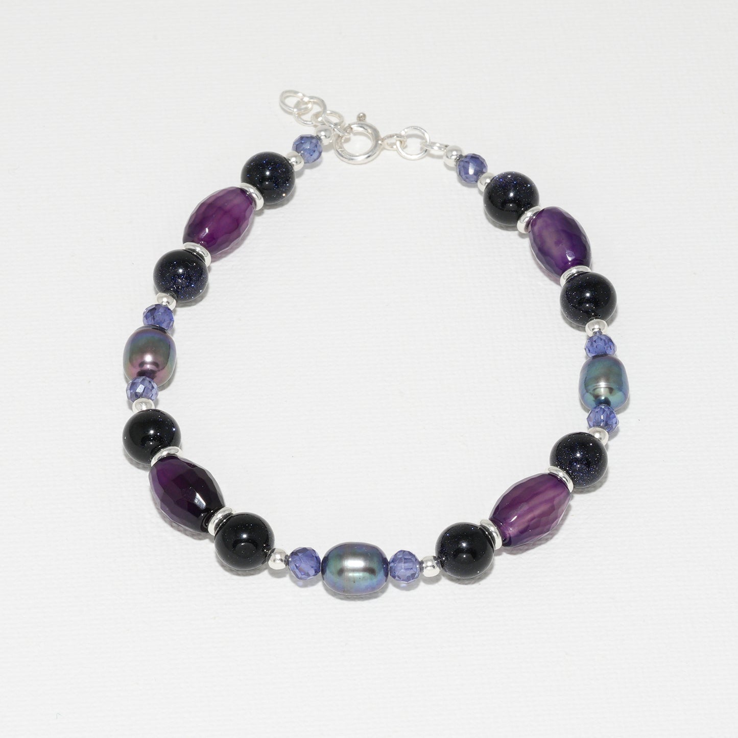 Blue Goldstone, Agate & Peacock Freshwater Pearl Bracelet