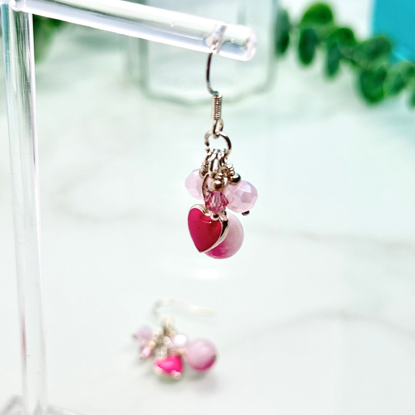 Persian Jade sterling silver cluster drop earrings with pink crystal beads and heart charm, Mother’s Day gift idea UK