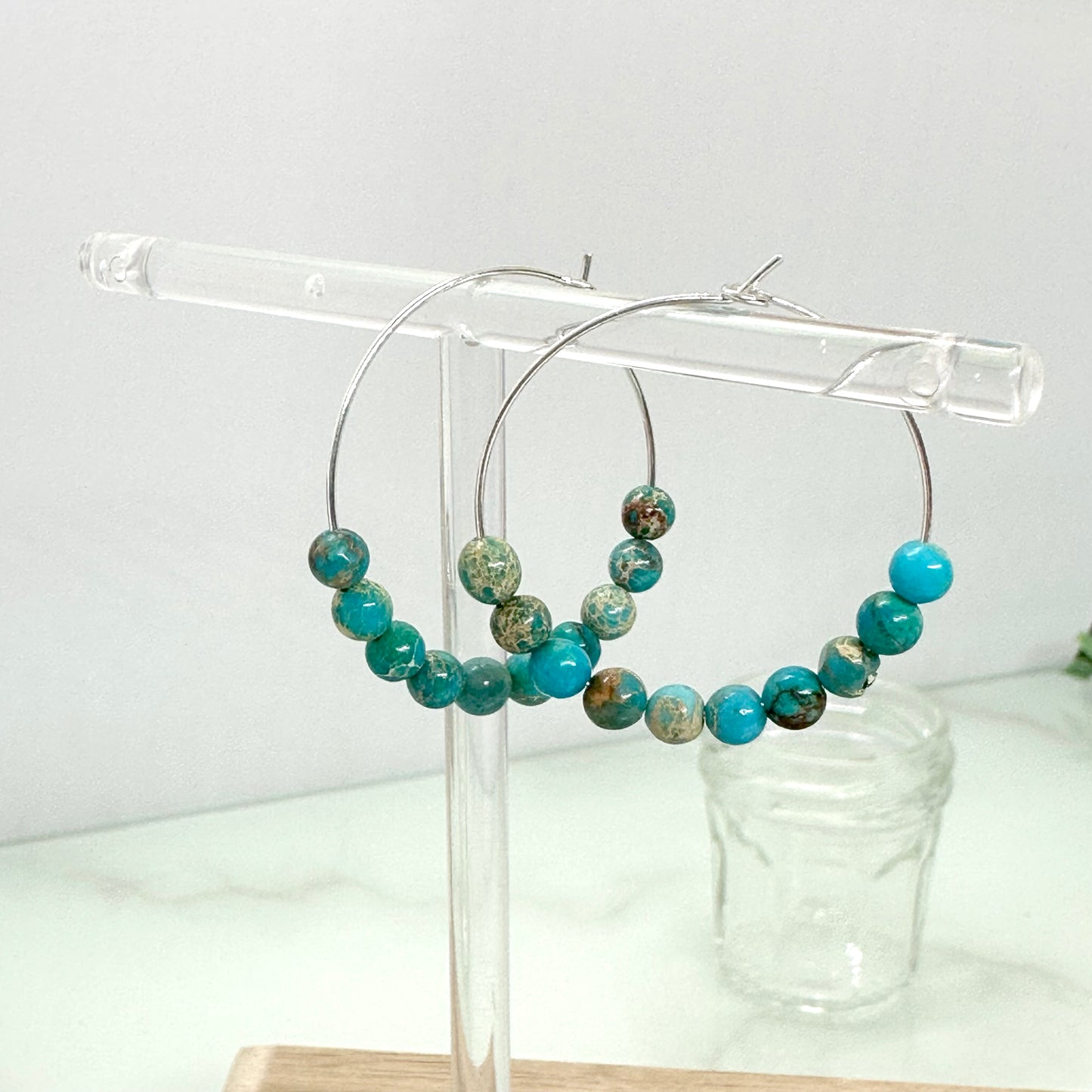 Sterling silver hoop earrings with blue sediment jasper round beads, handmade earthy statement jewellery