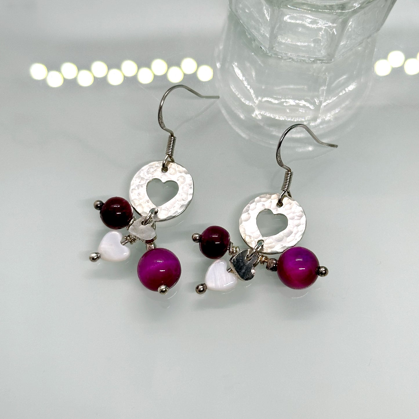 Pink Tiger’s Eye and Mother of Pearl cluster drop earrings in sterling silver with hammered heart detail
