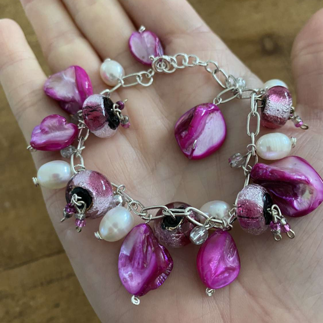Mother of Pearl, Pearl & Artisan Glass Semi Precious Bracelet