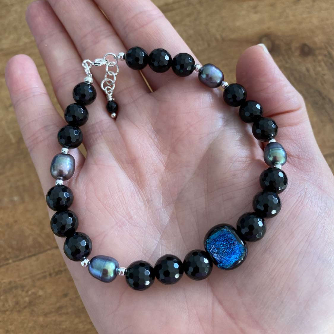 Black Onyx, Pearl & Dichroic Glass Semi Precious Bracelet