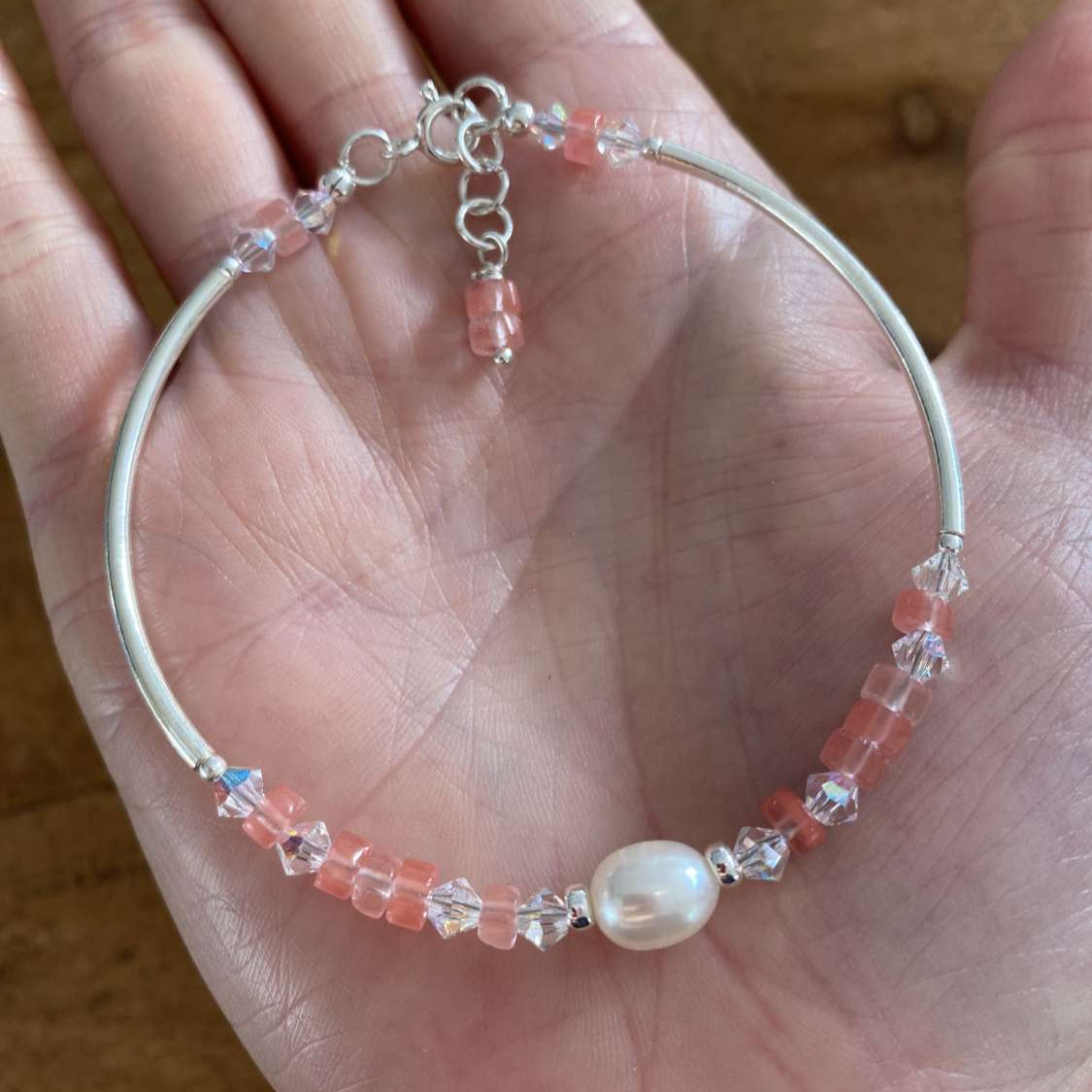 Cherry Quartz & Freshwater Pearl Semi Precious Bracelet