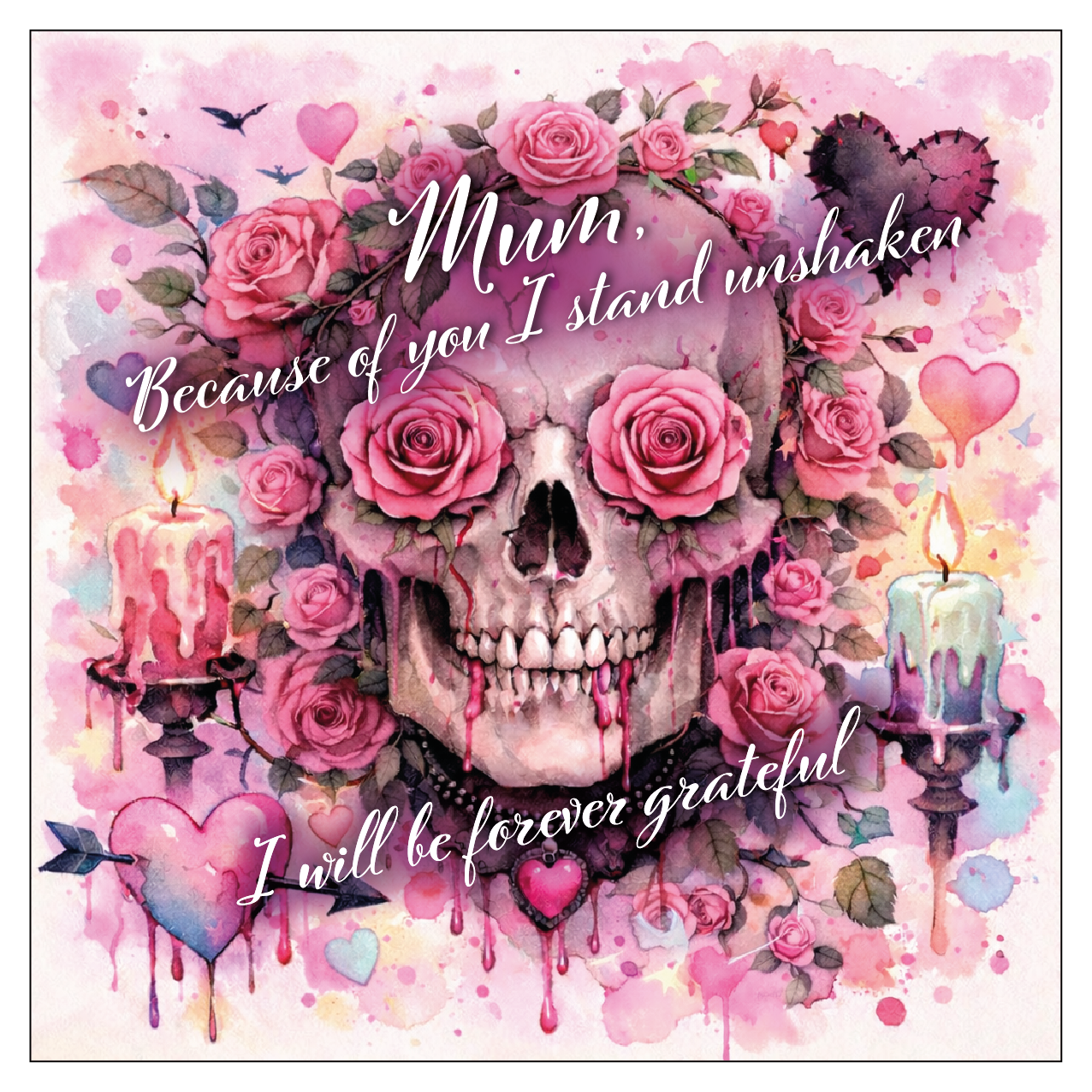 Gothic Mum shadow box frame with rose skull artwork and rose quartz crystal chips in black frame