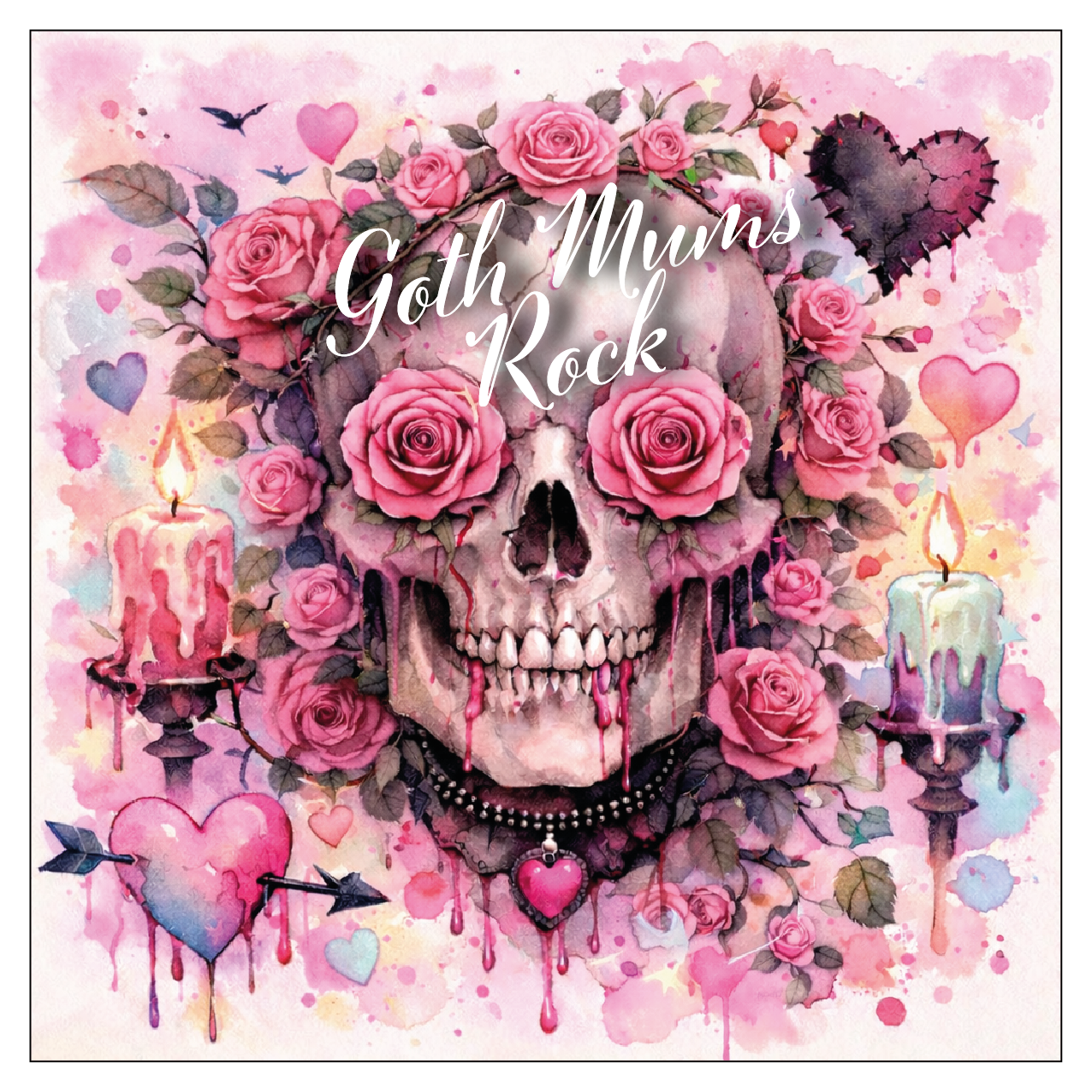 Goth Mums Rock shadow box frame with gothic skull and roses design and rose quartz crystal chips