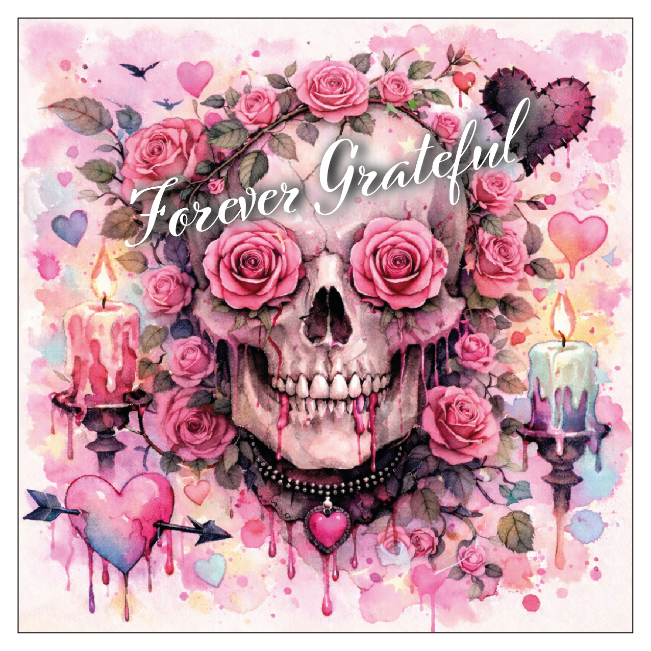 Forever Grateful gothic rose skull shadow box frame with rose quartz crystal chips