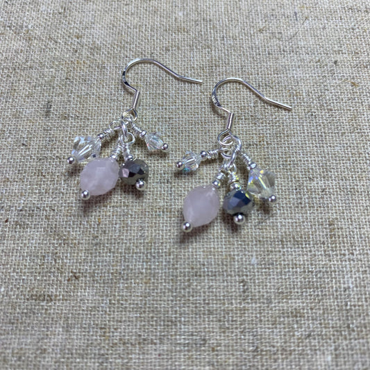 Rose Quartz, Grey & Swarovski Crystal Sterling Silver Earrings