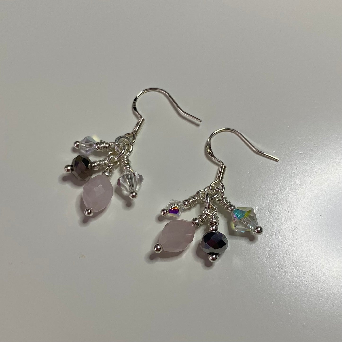 Rose Quartz, Grey & Swarovski Crystal Sterling Silver Earrings