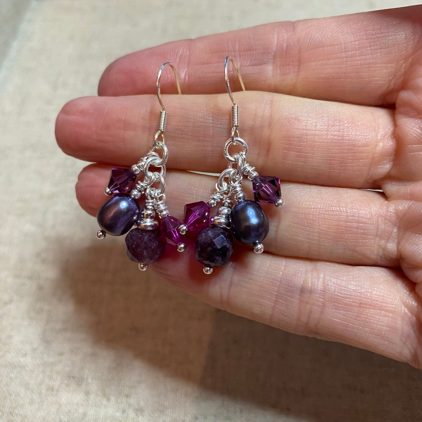 Garnet, Pearl, Swarovski Crystal and Sterling Silver Cluster Earrings