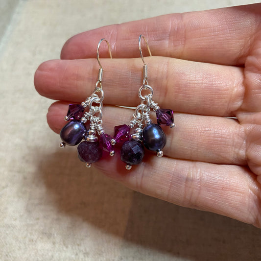 Garnet, Pearl, Swarovski Crystal and Sterling Silver Cluster Earrings