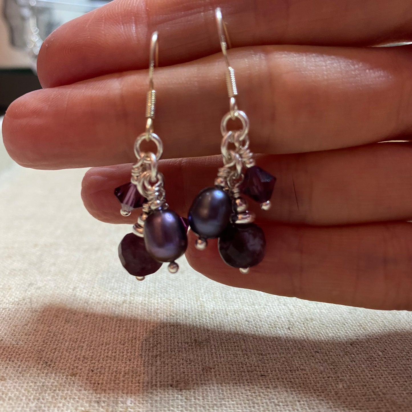 Garnet, Pearl, Swarovski Crystal and Sterling Silver Cluster Earrings