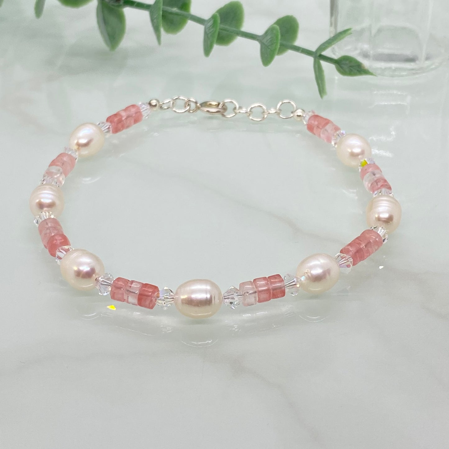 Cherry Quartz, Freshwater Pearl & Swarovski Crystal Bracelet