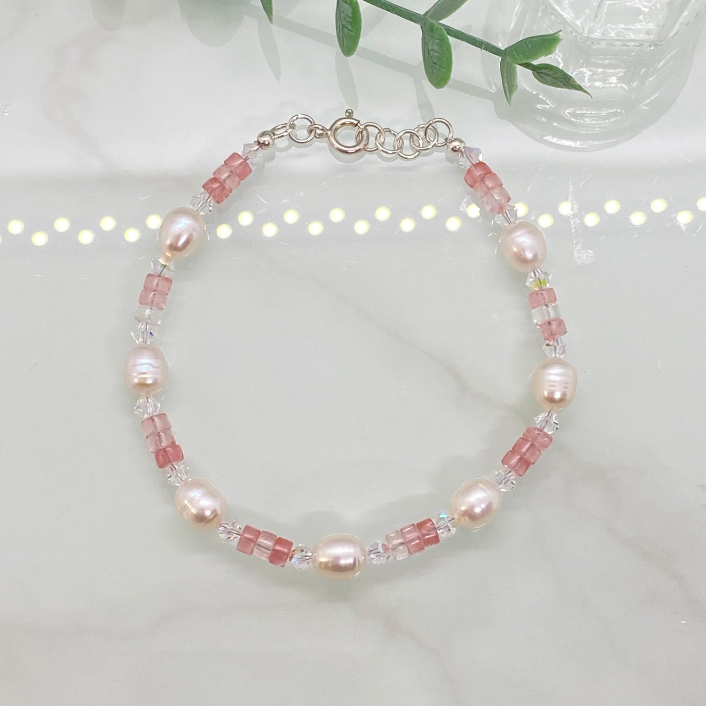 Cherry Quartz, Freshwater Pearl & Swarovski Crystal Bracelet