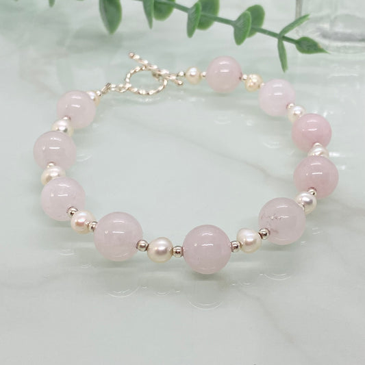 Rose Quartz, Freshwater Pearl & Sterling Silver Bracelet