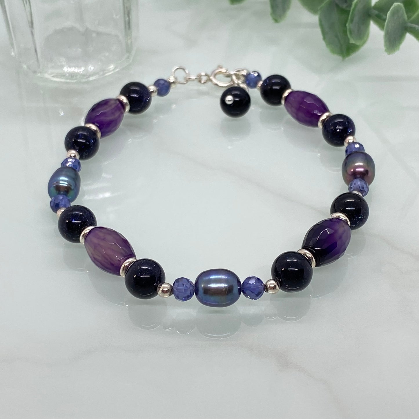 Blue Goldstone, Agate & Peacock Freshwater Pearl Bracelet