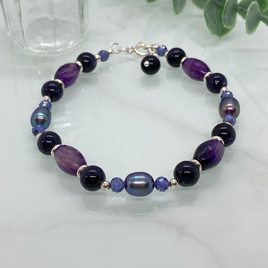 Blue Goldstone, Agate & Peacock Freshwater Pearl Bracelet