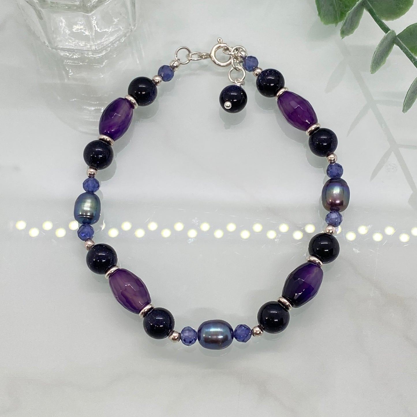 Blue Goldstone, Agate & Peacock Freshwater Pearl Bracelet