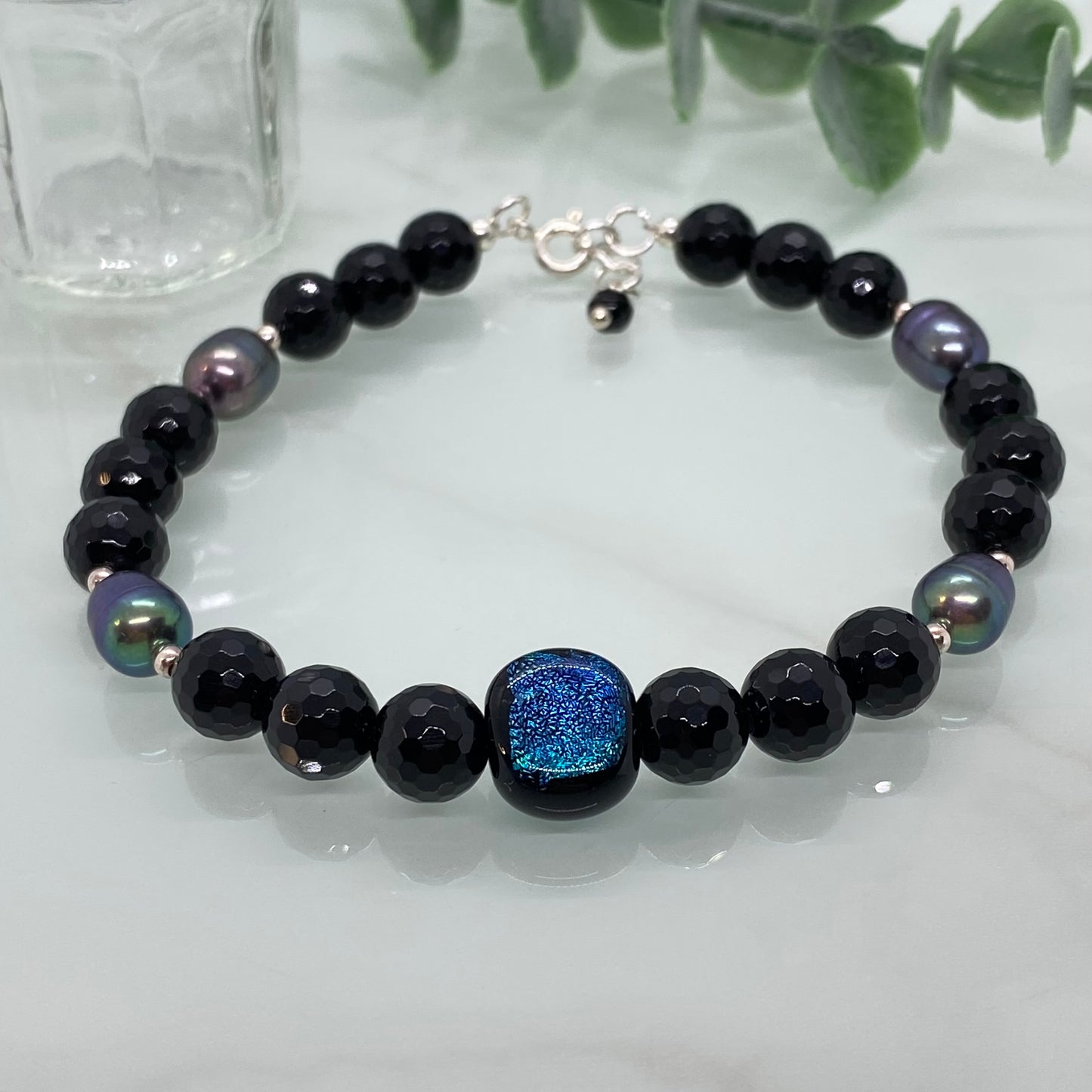 Black Onyx, Pearl & Dichroic Glass Semi Precious Bracelet