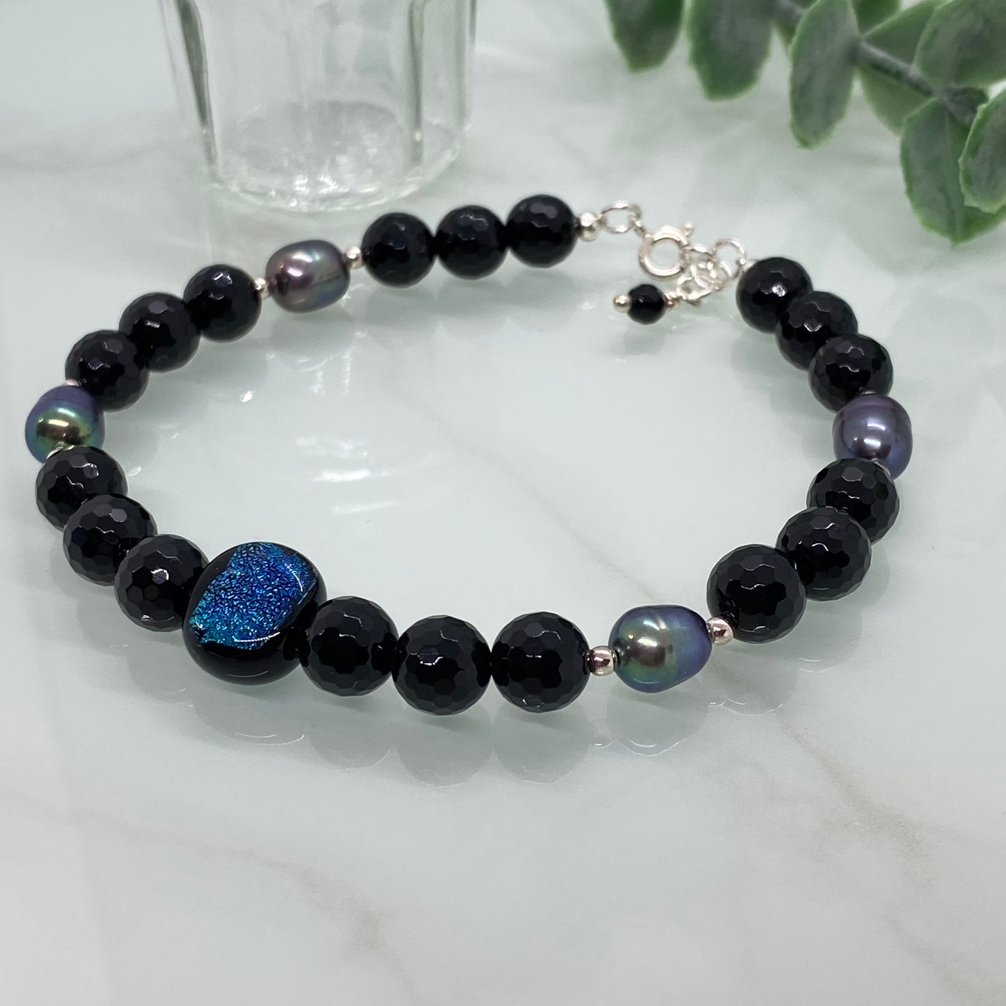 Black Onyx, Pearl & Dichroic Glass Semi Precious Bracelet