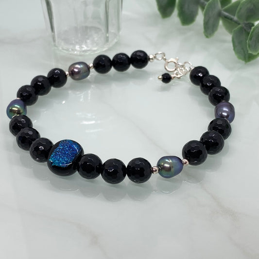 Black Onyx, Pearl & Dichroic Glass Semi Precious Bracelet
