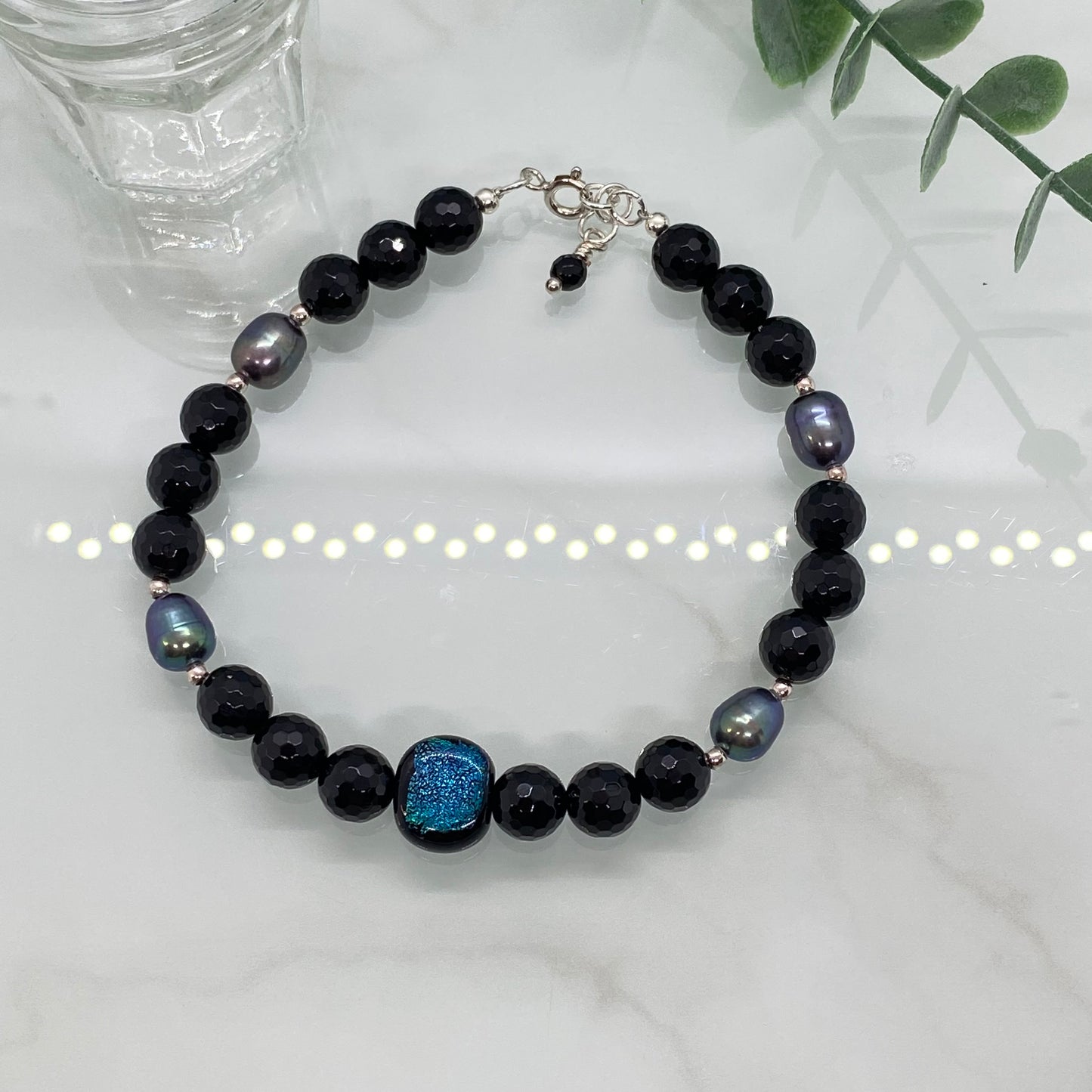 Black Onyx, Pearl & Dichroic Glass Semi Precious Bracelet