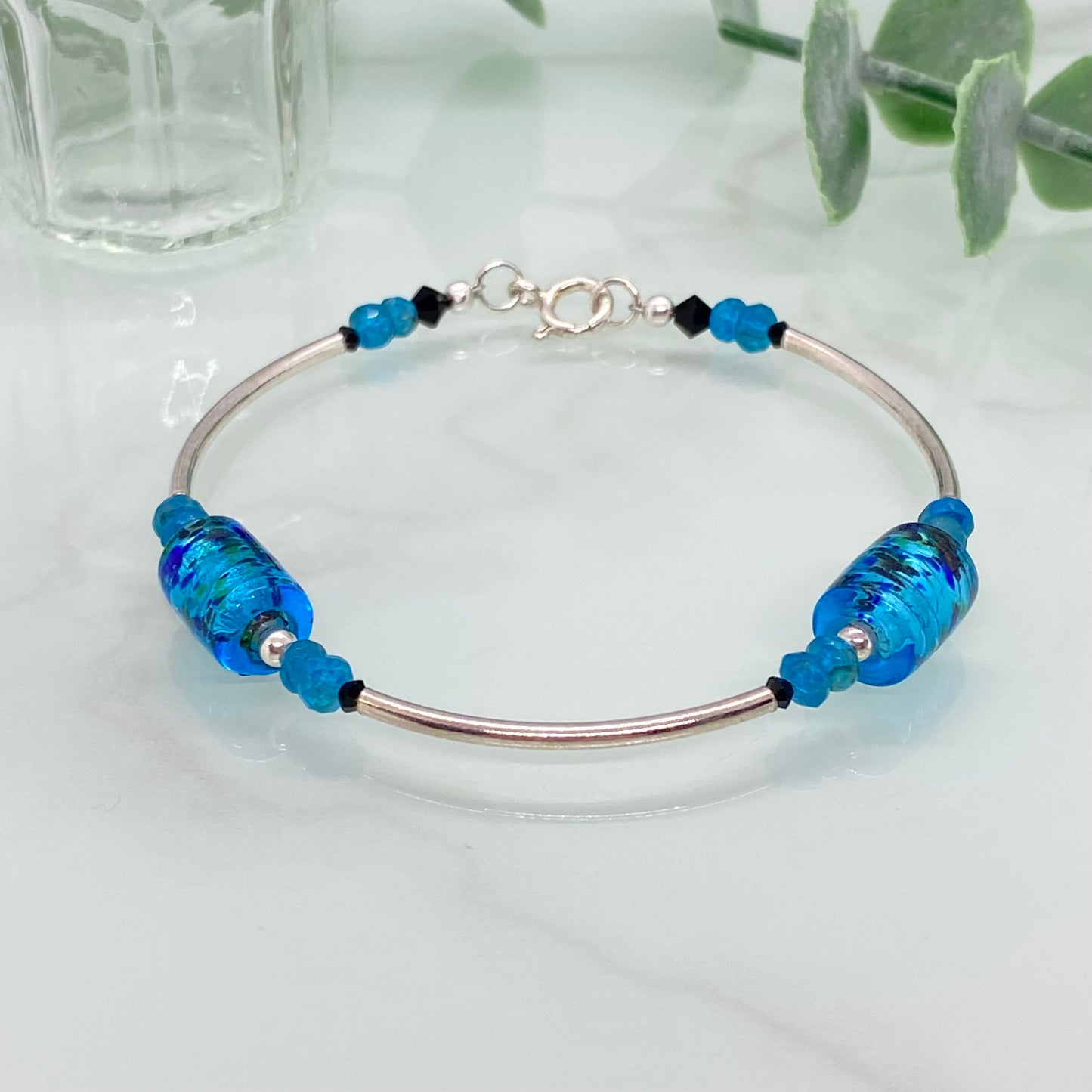 Apatite, Artisan Glass & Sterling Silver Bracelet