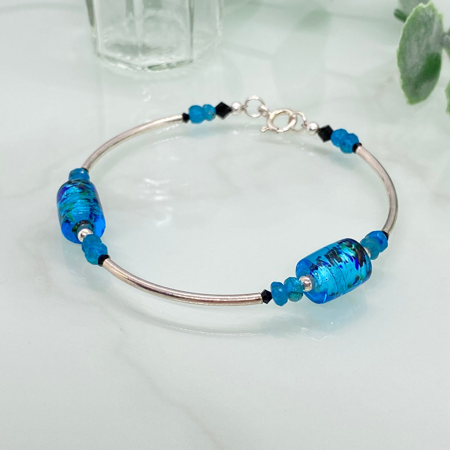 Apatite, Artisan Glass & Sterling Silver Bracelet