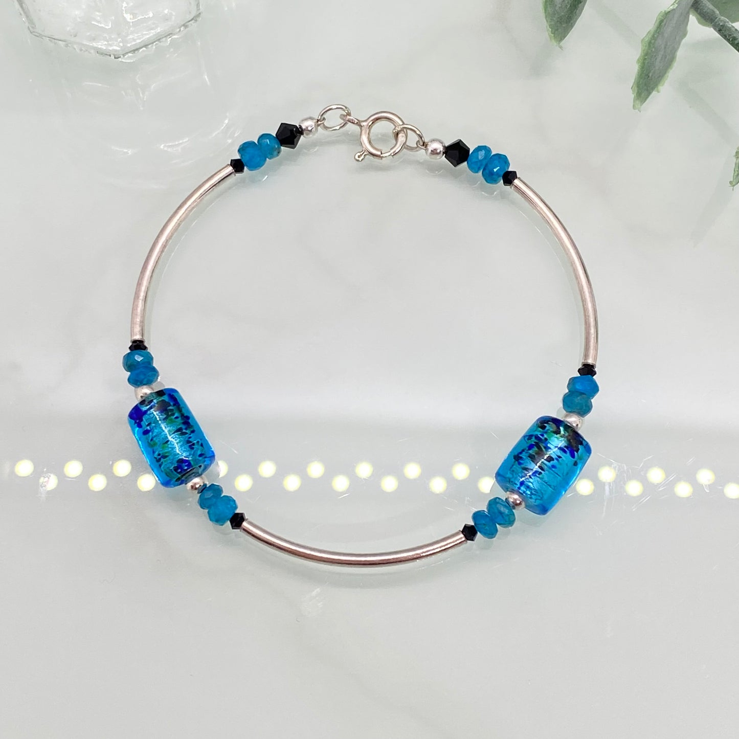 Apatite, Artisan Glass & Sterling Silver Bracelet