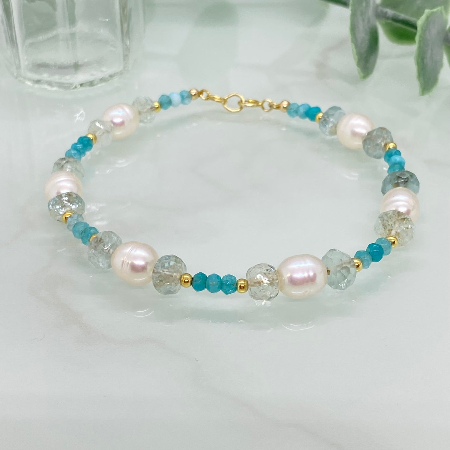 Freshwater Pearl, Aquamarine & Apatite Bracelet