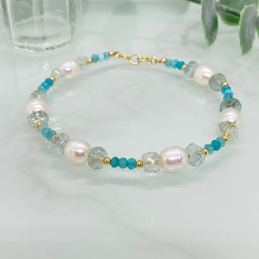Freshwater Pearl, Aquamarine & Apatite Bracelet