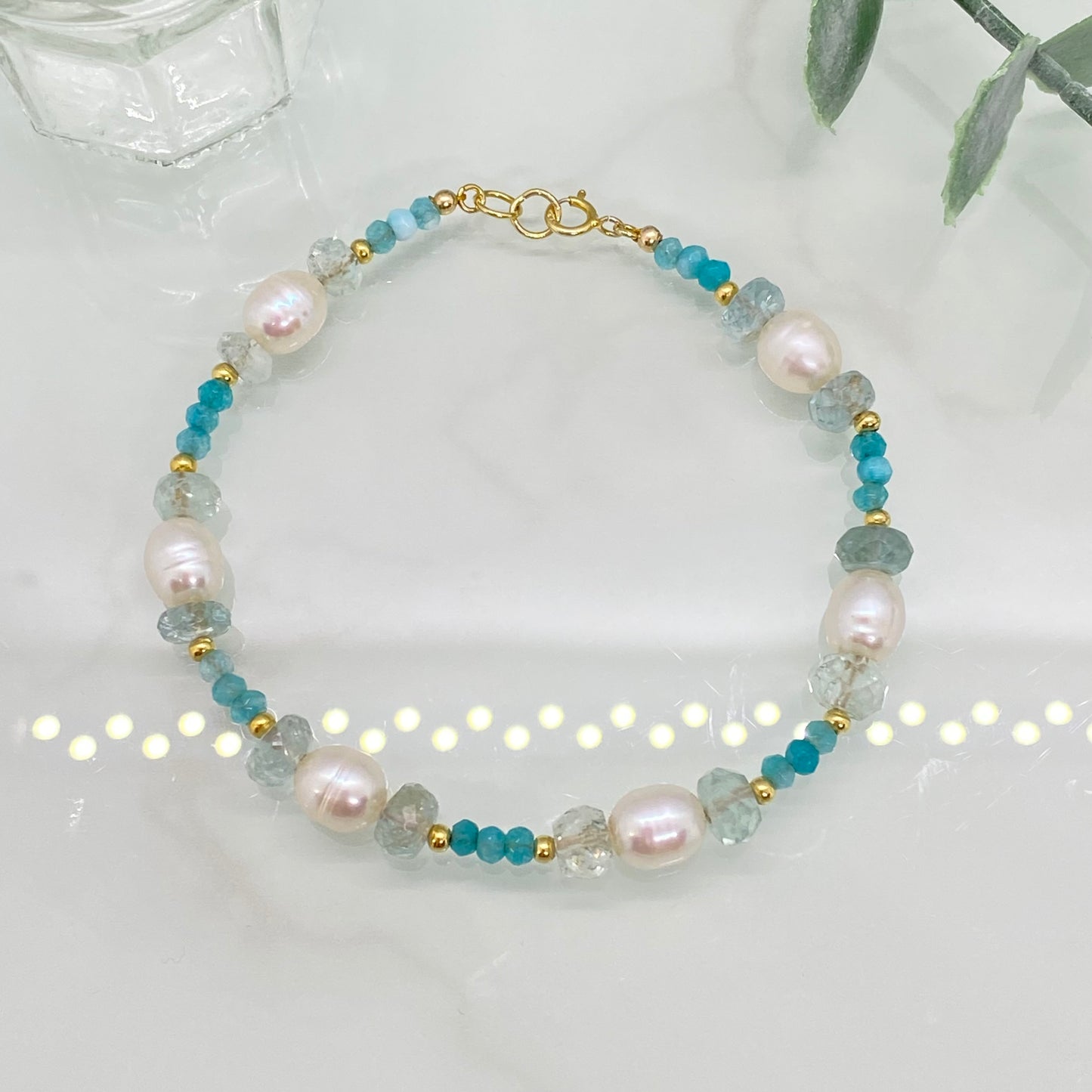 Freshwater Pearl, Aquamarine & Apatite Bracelet