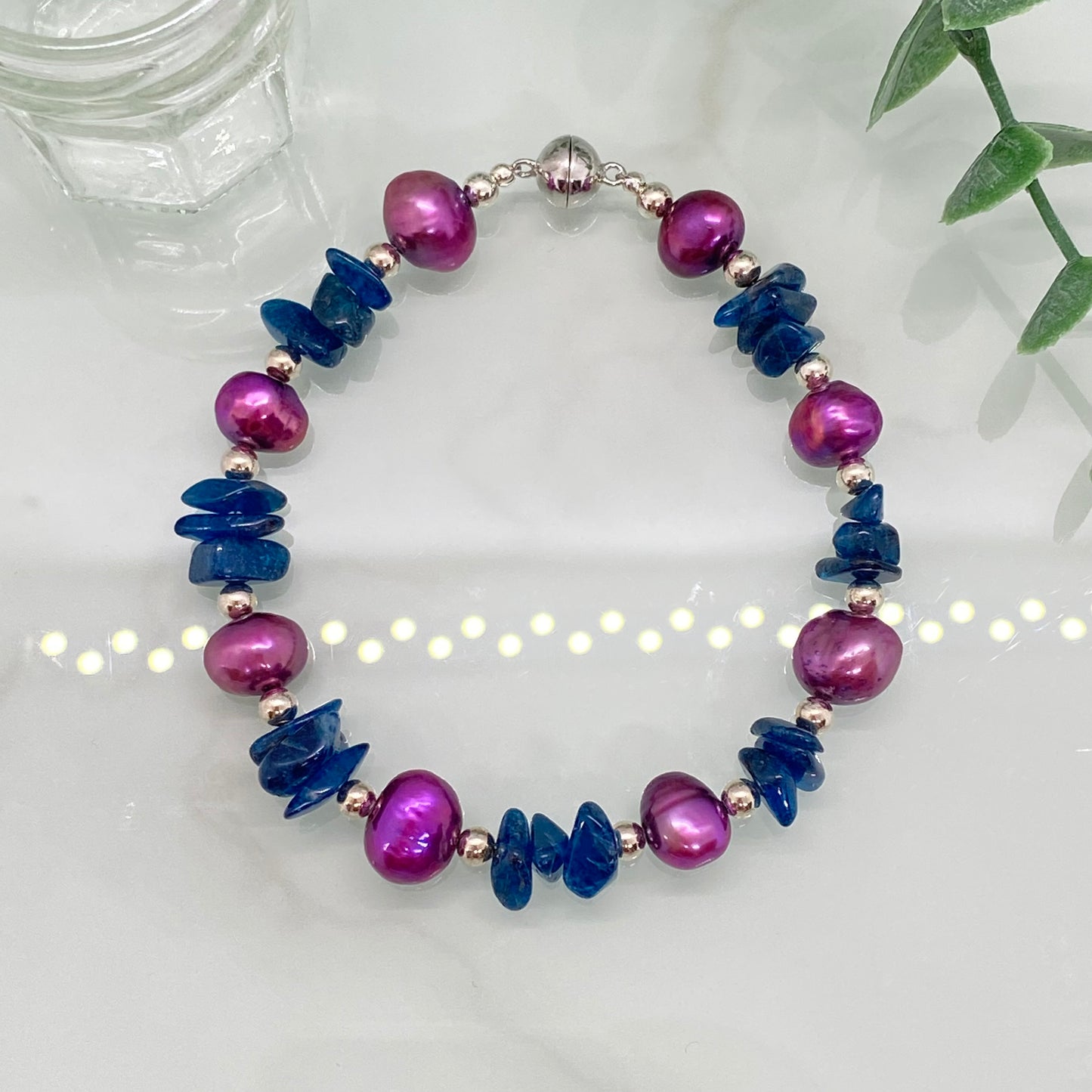 Apatite, Pink Freshwater Pearl & Sterling Silver Bracelet