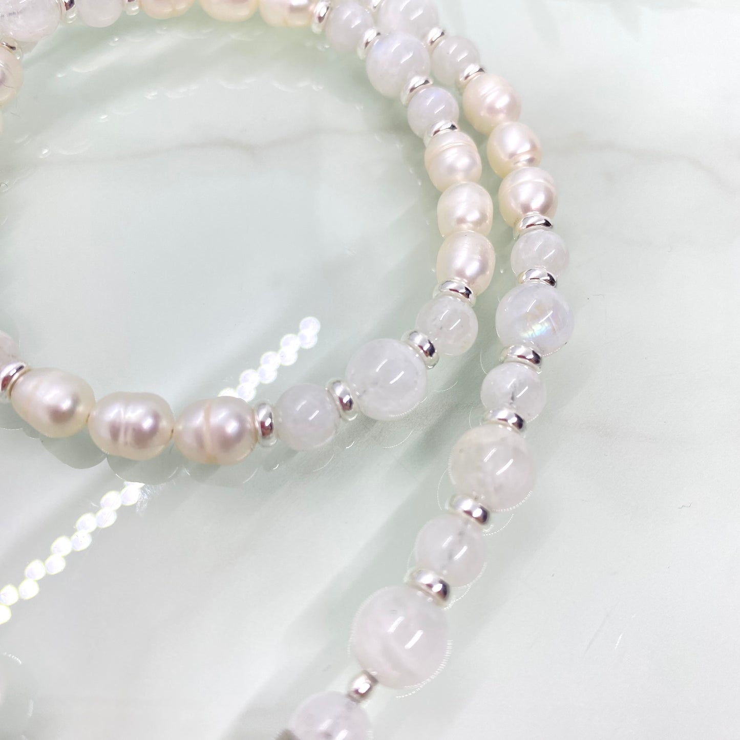 Rainbow Moonstone, Freshwater Pearl & Sterling Silver Necklace — Reversible with Detachable Charm
