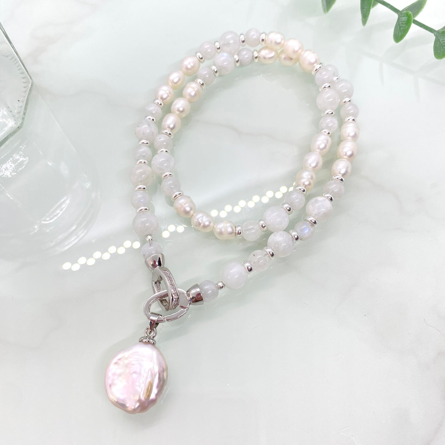 Rainbow Moonstone, Freshwater Pearl & Sterling Silver Necklace — Reversible with Detachable Charm