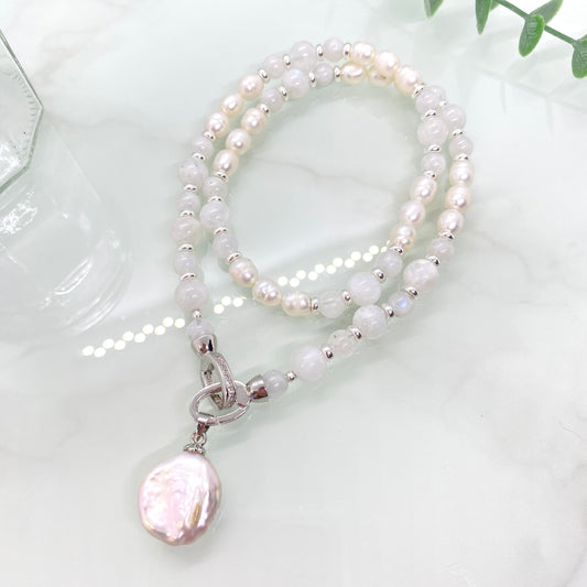 Rainbow Moonstone, Freshwater Pearl & Sterling Silver Necklace — Reversible with Detachable Charm