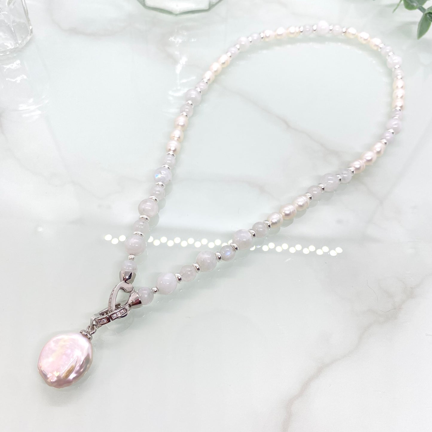 Rainbow Moonstone, Freshwater Pearl & Sterling Silver Necklace — Reversible with Detachable Charm