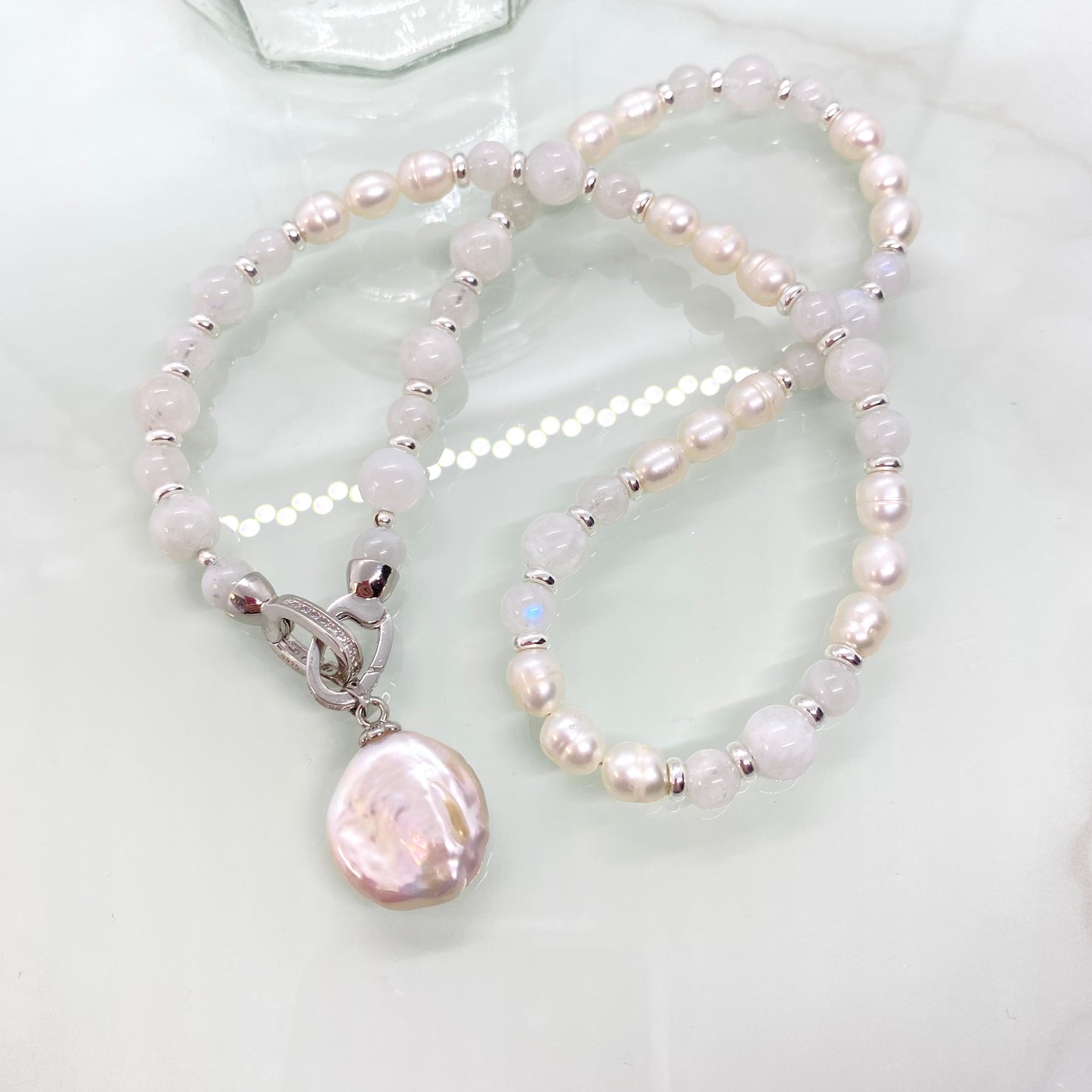Rainbow Moonstone, Freshwater Pearl & Sterling Silver Necklace — Reversible with Detachable Charm
