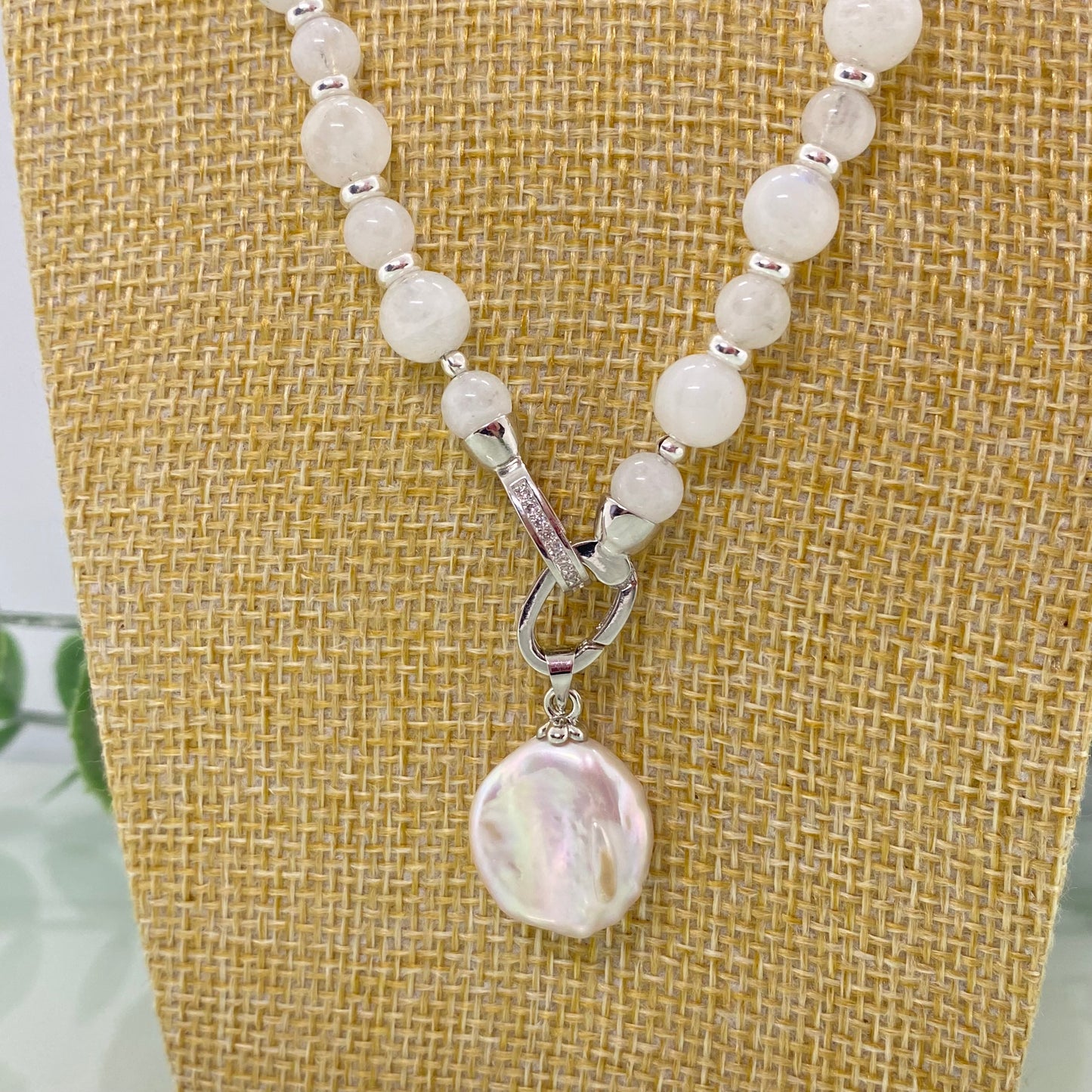 Rainbow Moonstone, Freshwater Pearl & Sterling Silver Necklace — Reversible with Detachable Charm